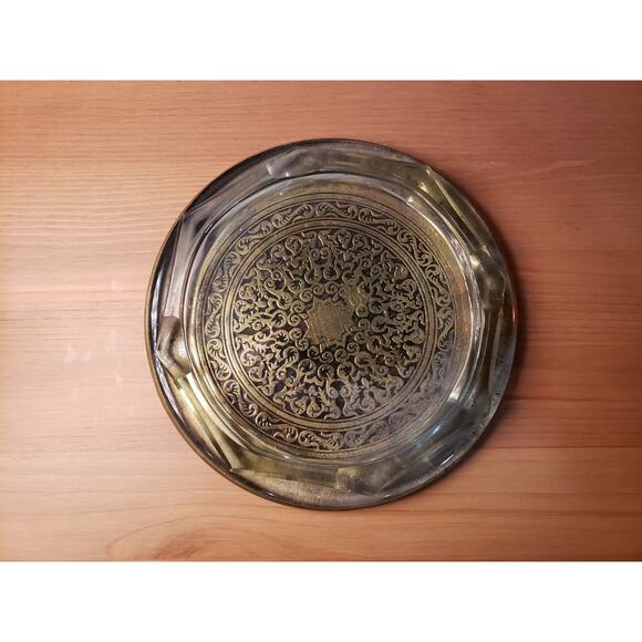 Antique Moroccan Brass & Glass Ashtray Base Engraved - Picture 2 of 4